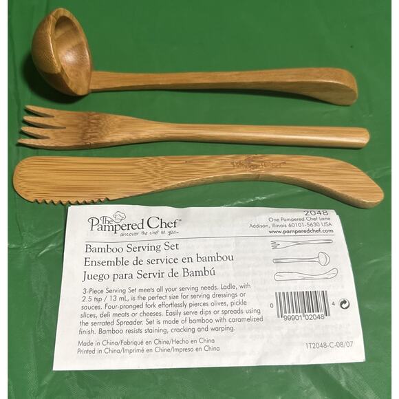 Pampered Chef BAMBOO Serving Set of 3 Small Ladle, Fork & Spreader #2048 - Picture 1 of 2